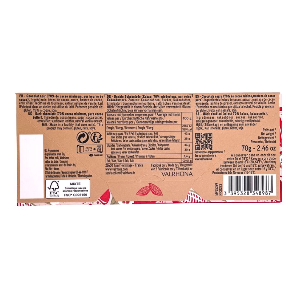 Back of Valrhona Guanaja 70% dark chocolate bar showing ingredients, nutrition facts, and barcode.