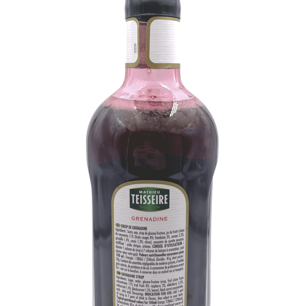 Ingredients label of Teisseire grenadine syrup 1l