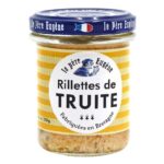 Le Père Eugène smoked trout rillettes spread in 170g glass jar with yellow striped label and blue lid.