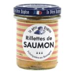 Le Père Eugène salmon rillettes spread in 170g glass jar with pink striped label and blue lid.
