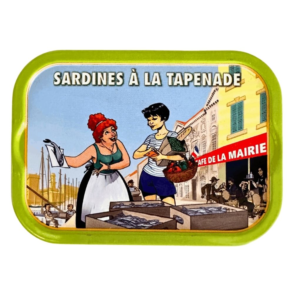Ferrigno sardines with tapenade in illustrated green tin featuring a French market scene.