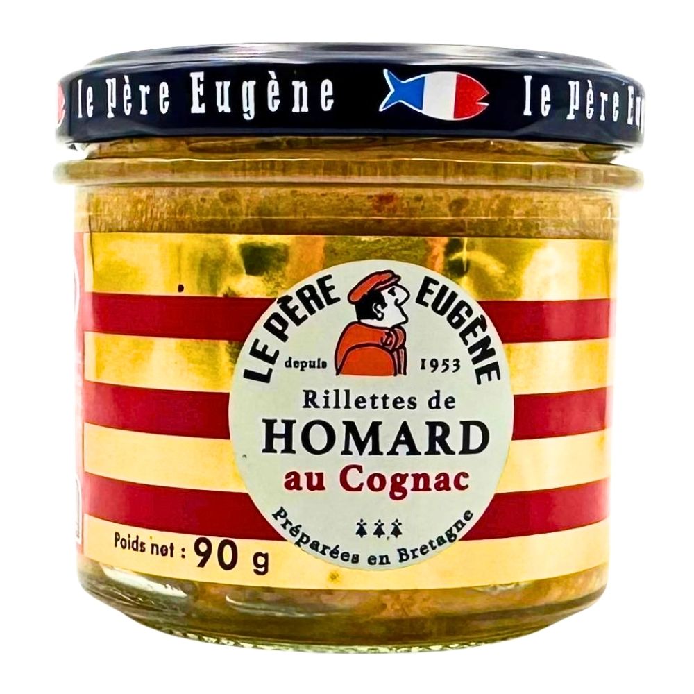 Le Père Eugène lobster rillettes with cognac in 90g glass jar with red striped label and black lid.