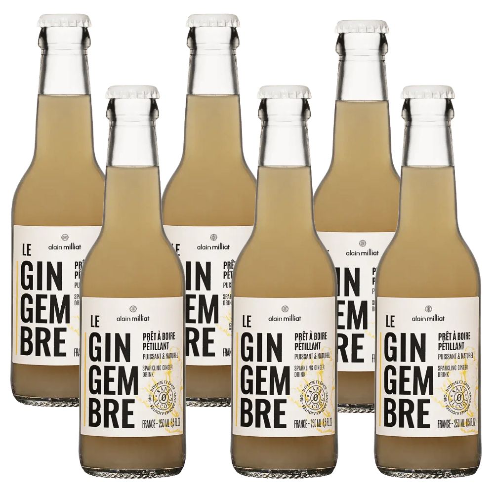 Six bottles of Alain Milliat sparkling ginger lemonade drink 250ml