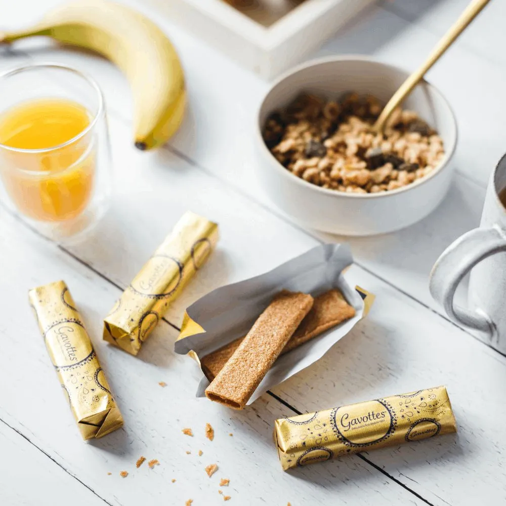 French Gavottes crêpe biscuits served with breakfast alongside fruit and granola