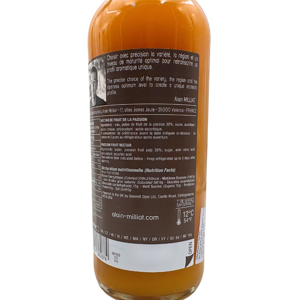 Back view of a 330 ml bottle of Alain Milliat Passion Fruit Nectar, showing the ingredients and product information label on a white background.