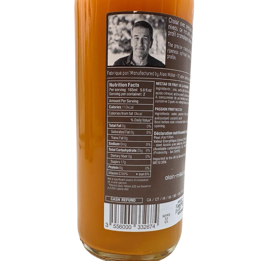 Back view of a 330 ml bottle of Alain Milliat Passion Fruit Nectar, showing the nutrition facts panel and product information on a white background.