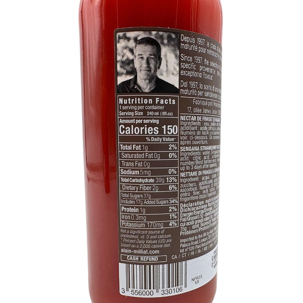 Back view of a 330 ml bottle of Alain Milliat Strawberry Nectar, showing the nutrition facts panel and product information on a white background.
