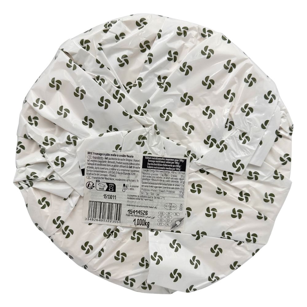 Brie Montsalvy 1kg cheese, wrapped wheel with ingredients and nutrition label