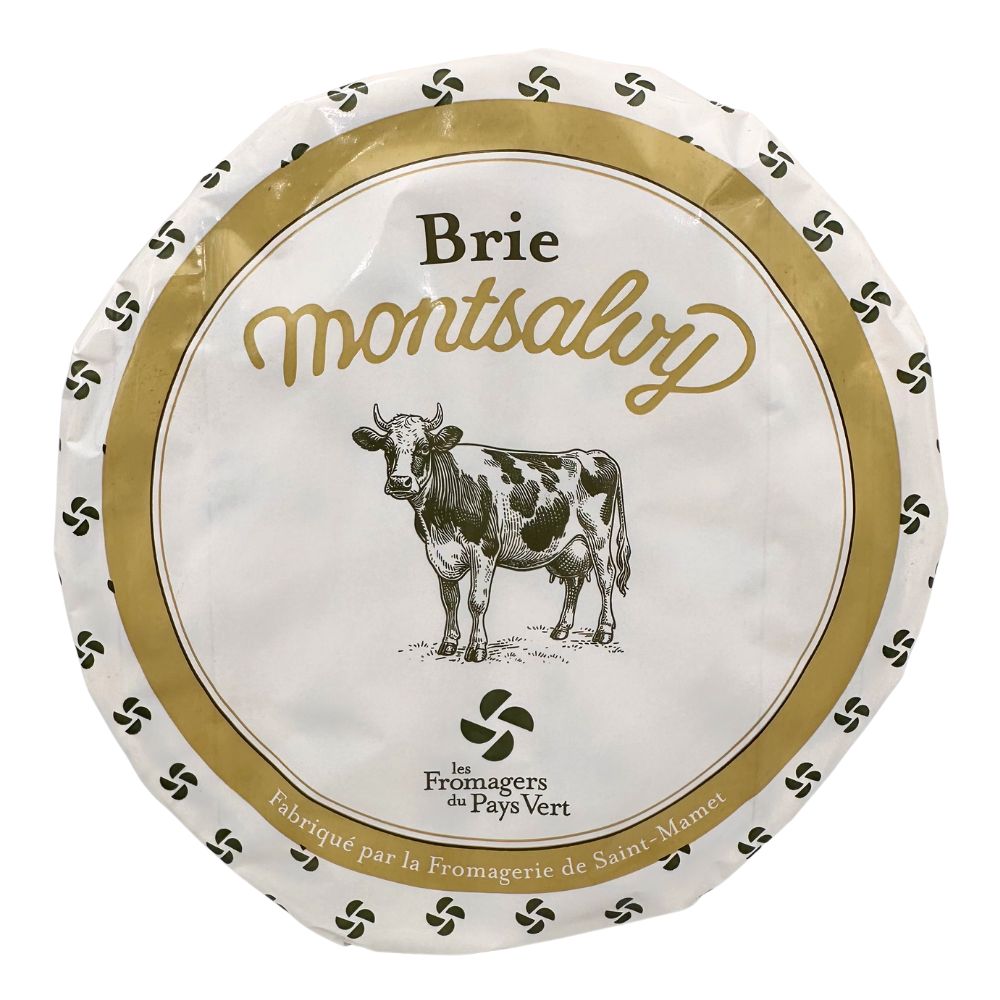 Brie Montsalvy 1kg cheese, wrapped wheel front view