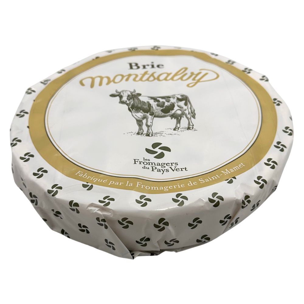 Brie Montsalvy 1kg cheese, wrapped wheel side view