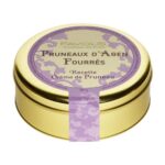 Front view of a 300 g gold tin of Favols Agen prunes filled with prune cream, isolated on a white background.