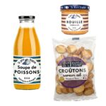 Le Père Eugène Fish Soup (460 g), Traditional Rouille (90 g), and Le Grand Lejon Garlic Croutons (75 g) displayed together on a white background.