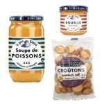Le Père Eugène Fish Soup (740 g), Traditional Rouille (90 g), and Le Grand Lejon Garlic Croutons (75 g) displayed together on a white background.