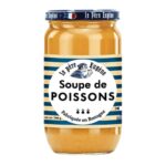 Side view of a 740 g jar of Le Père Eugène Fish Soup showing part of the label and the soup inside the glass jar.