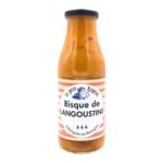 Front view of a 460 g bottle of Le Père Eugène Bisque de Langoustine (Langoustine Bisque) on a white background.
