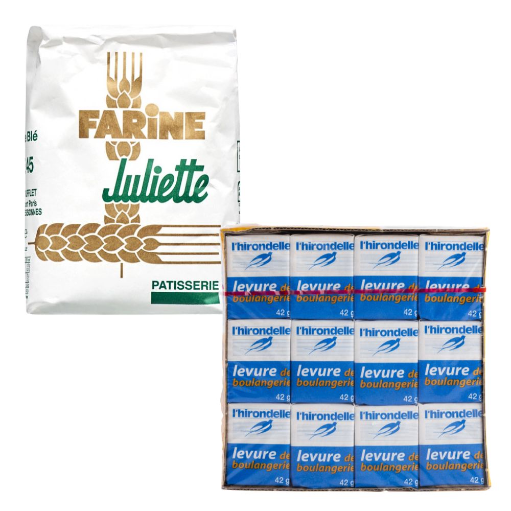 T45 Pastry Flour Juliette 1kg and Fresh Yeast 42g showing flour and baking yeast
