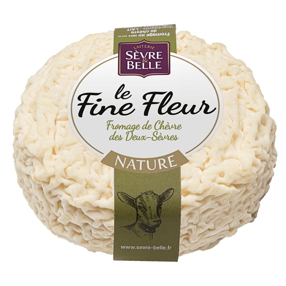 Whole Fine Fleur Nature goat cheese by Sèvre & Belle with a wrinkled ivory rind and front label identifying it as a natural goat's cheese from Deux-Sèvres.