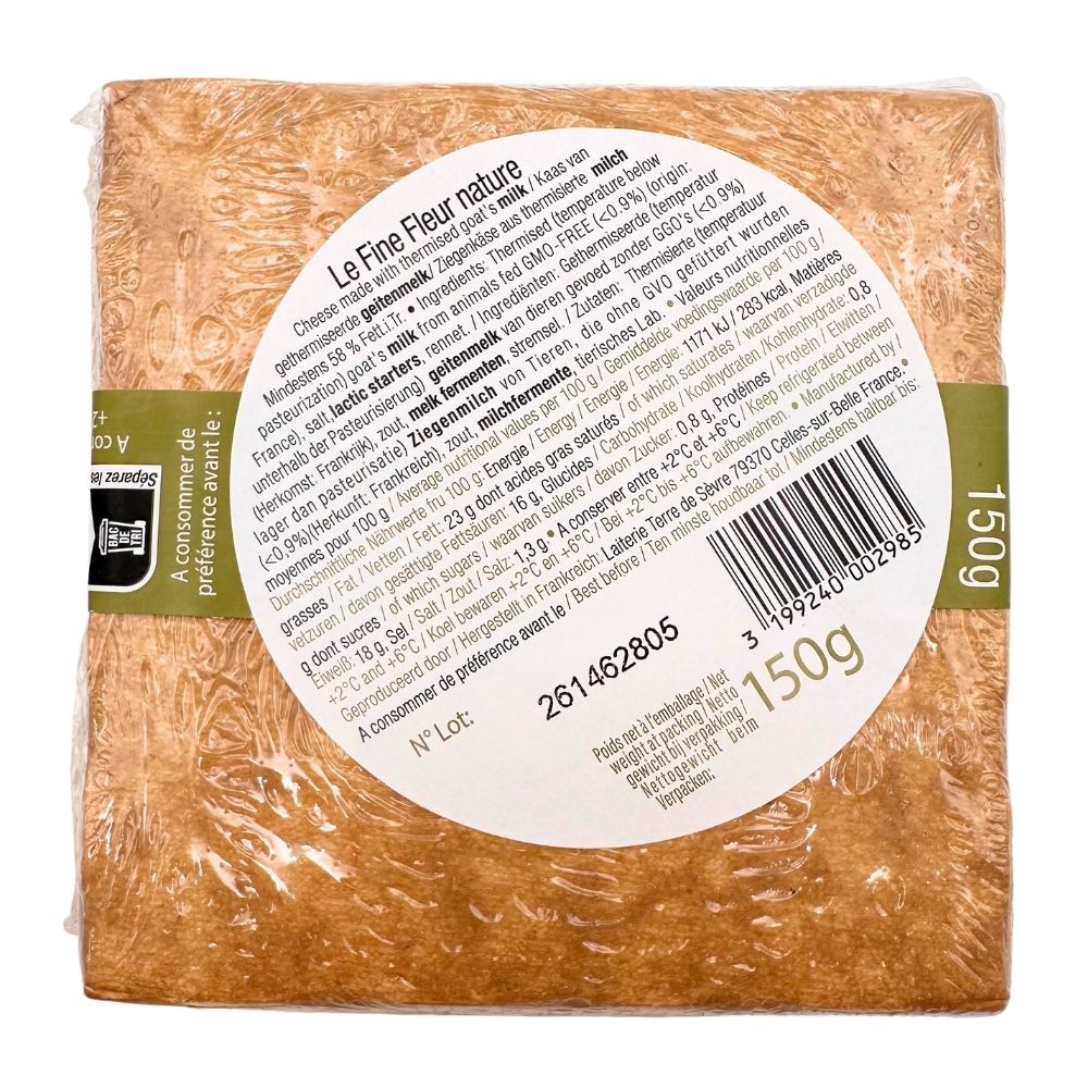 Back of Le Fine Fleur Nature 150g packaging showing product information, ingredients and nutrition details.