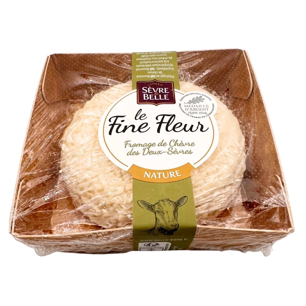 Side view of Le Fine Fleur Nature 150g retail packaging showing the cheese inside.