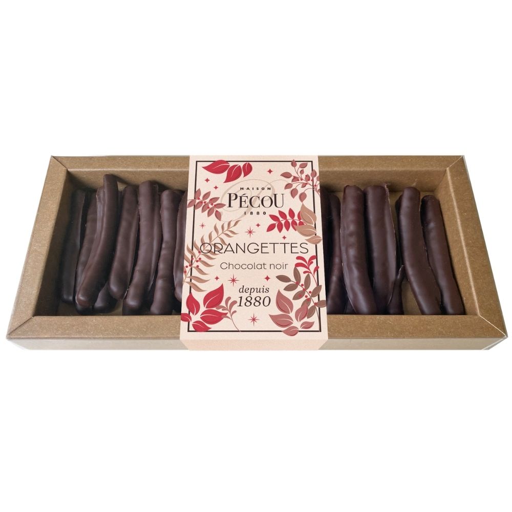 Maison Pécou Orangettes with candied orange peel coated in dark chocolate, presented in gift packaging.