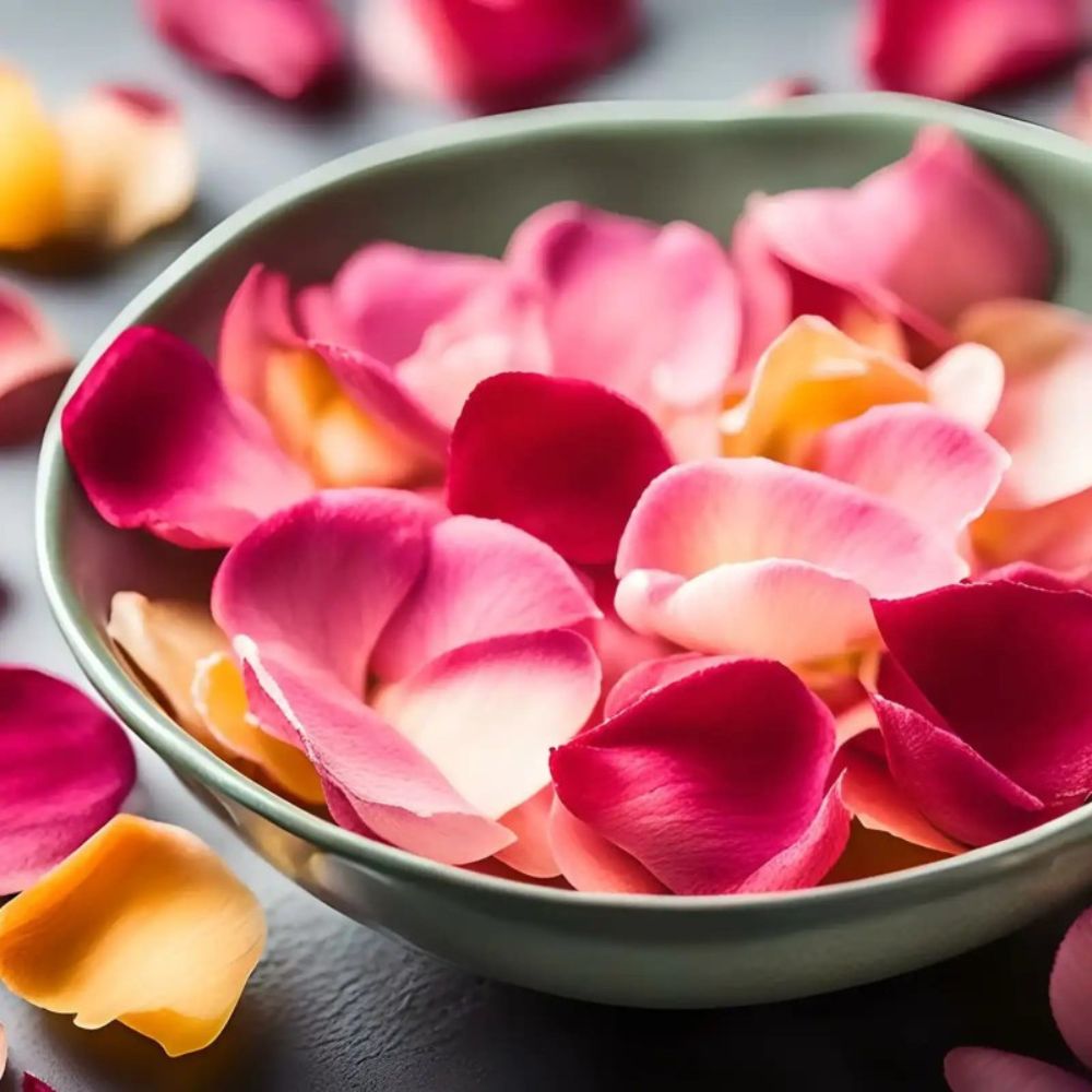 Close-up of pink, red, peach and cream rose petals arranged in a bowl, representing Favols Rose Petal Jelly.