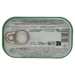 Back of a La Bonne Mer Ferrigno wild mackerel fillets in organic extra virgin olive oil tin with ingredients, nutrition facts, and fishing area information.