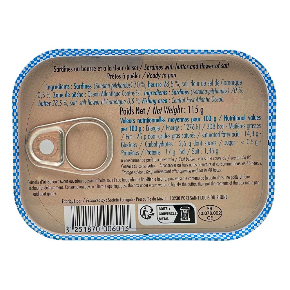 Back of a Ferrigno sardines with butter and fleur de sel 115g tin showing ingredients, nutritional information and preparation instructions.