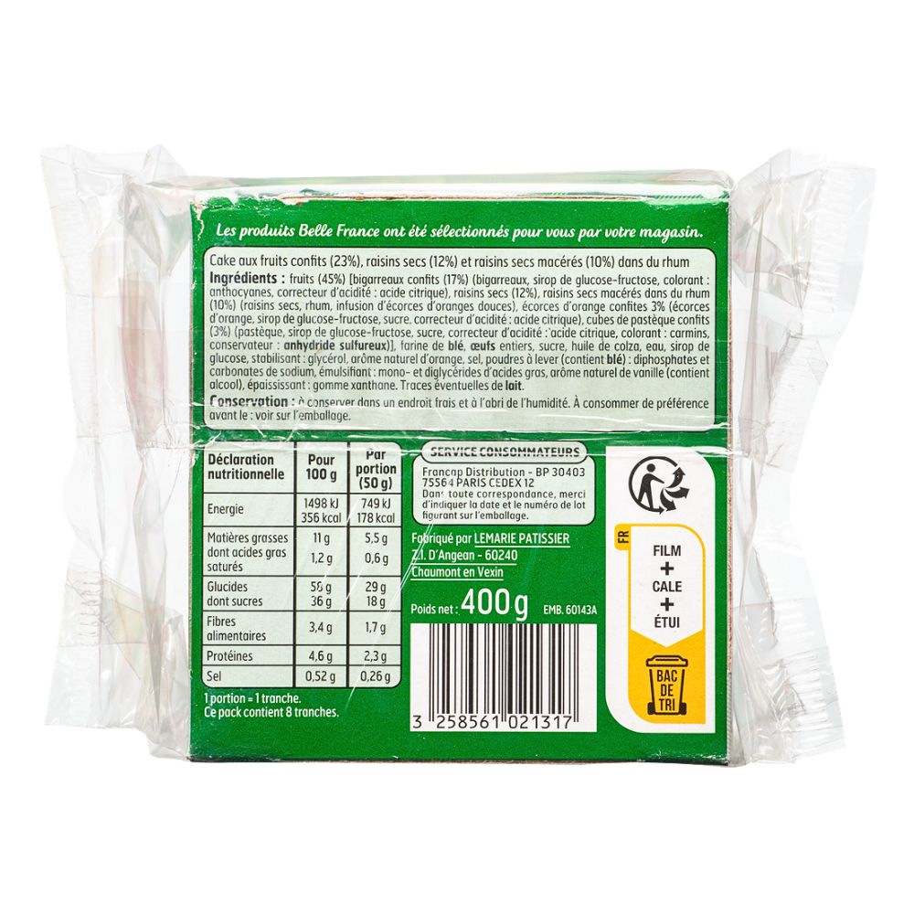 Back of packaged fruit cake showing ingredients, nutrition information, and barcode.