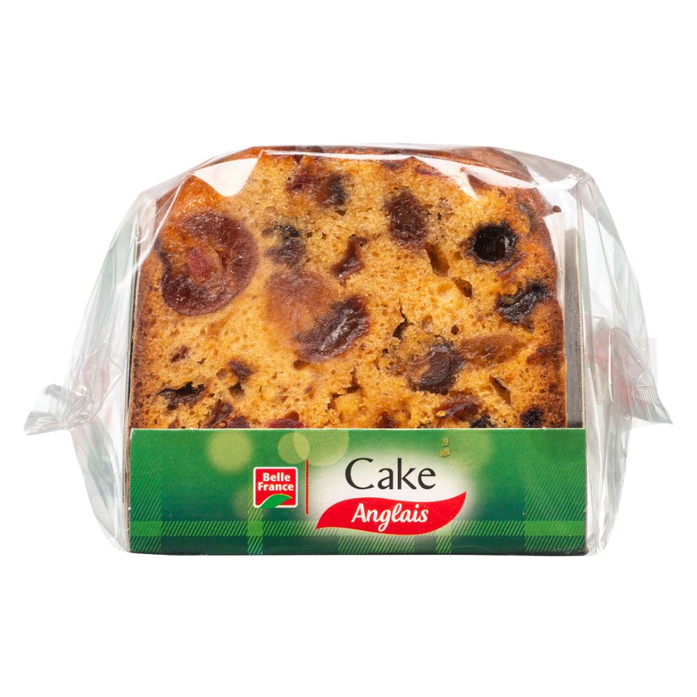 Packaged Belle France sliced fruit cake loaf in clear wrapping with green label.