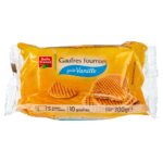Belle France vanilla filled waffles in yellow plastic packaging.