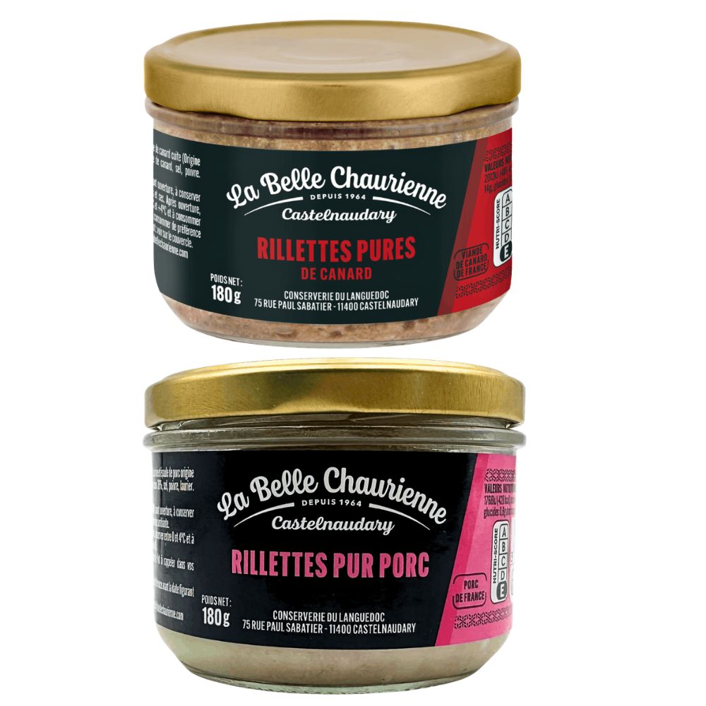 La Belle Chaurienne duck and pork rillettes duo, featuring two 180g glass jars with gold lids.