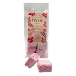 Front view of an 80g Maison Pécou raspberry marshmallow bag with two pink marshmallow cubes displayed in front of the packaging.